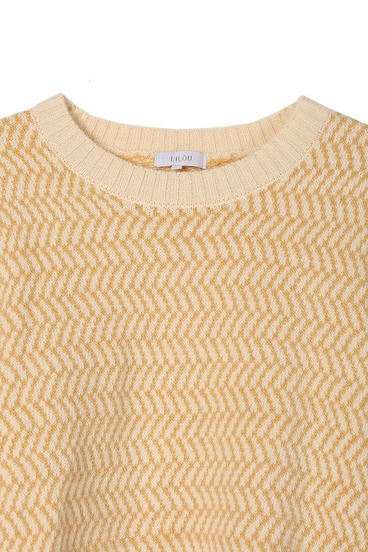 Yellow Herringbone Pattern Crew Neck Sweater