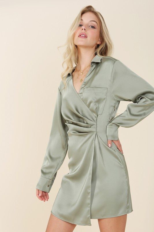 Sage Satin Wrap Mini Dress