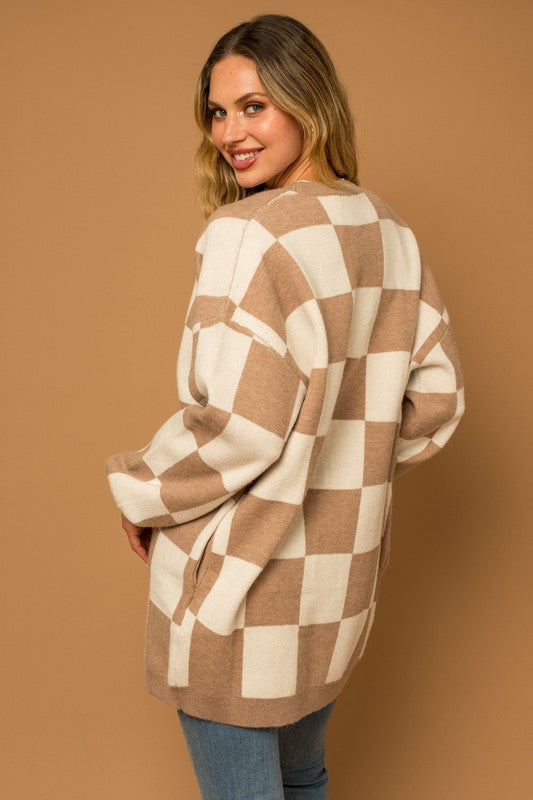 Taupe-White Checkered Long Cardigan