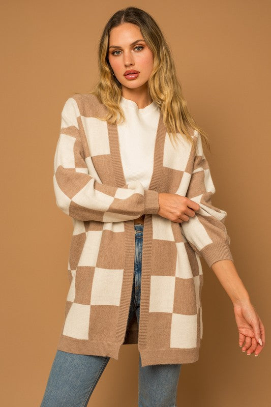 Taupe-White Checkered Long Cardigan