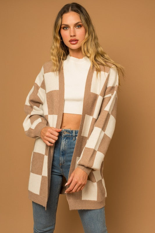 Taupe-White Checkered Long Cardigan