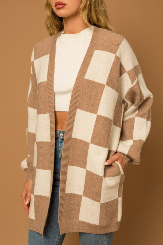 Taupe-White Checkered Long Cardigan