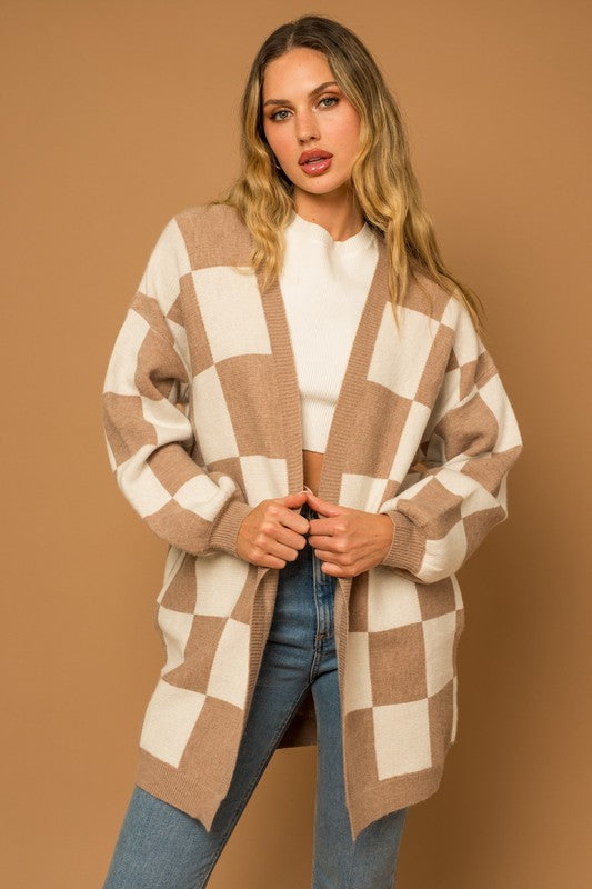 Taupe-White Checkered Long Cardigan