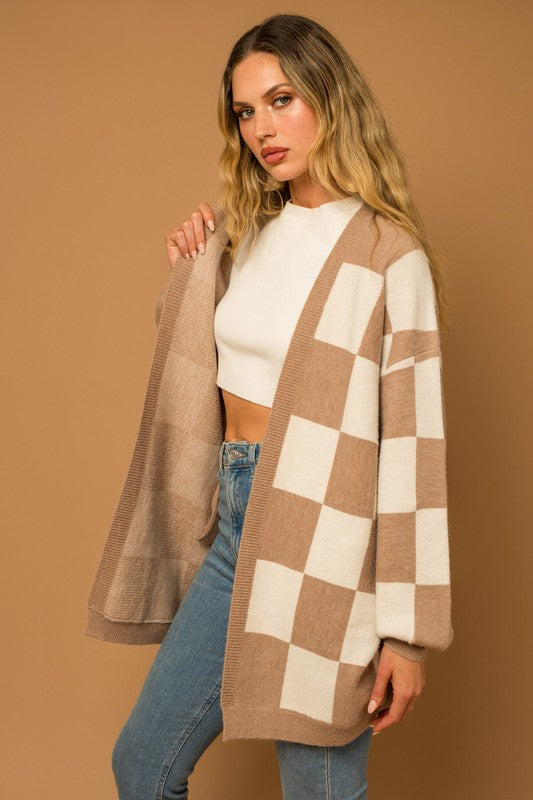 Taupe-White Checkered Long Cardigan