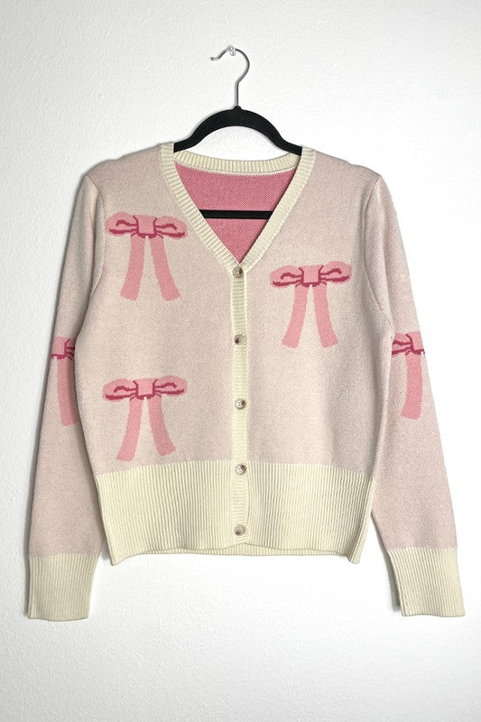 White Button Up Long Sleeve Cardigan Sweater with Pink Bow Design