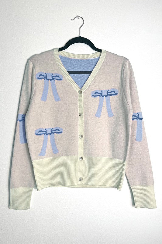 White Button Up Long Sleeve Cardigan Sweater with Blue Bow Design