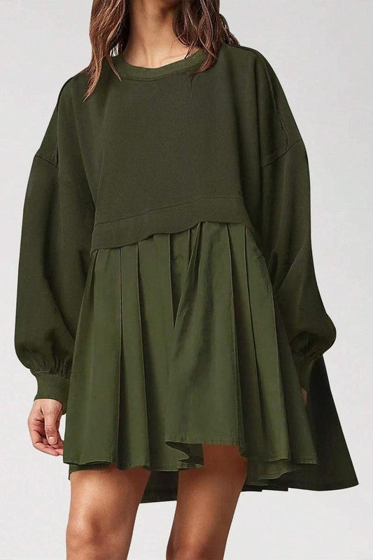 Army Green Mini Dress with Sweater Top and Long Sleeves