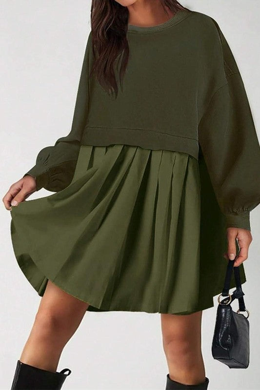 Army Green Mini Dress with Sweater Top and Long Sleeves