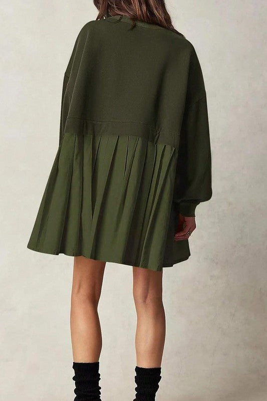 Army Green Mini Dress with Sweater Top and Long Sleeves