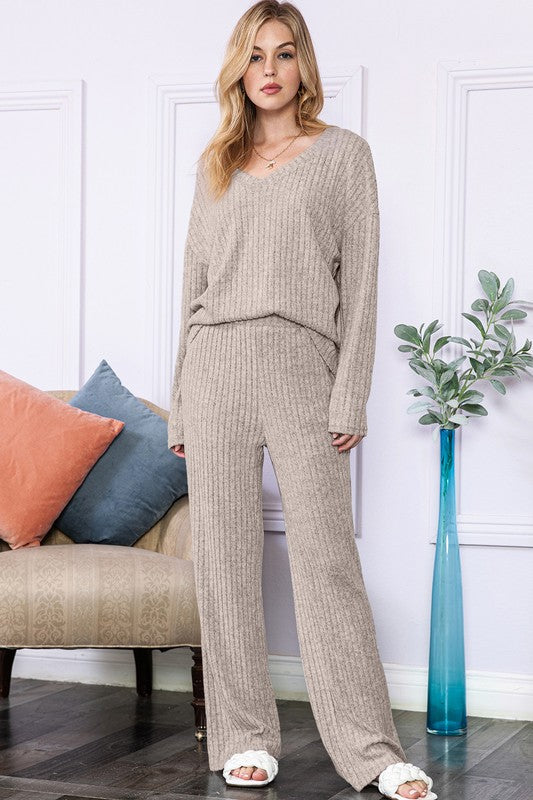 Khaki Beige Knit Loungewear Pants Set