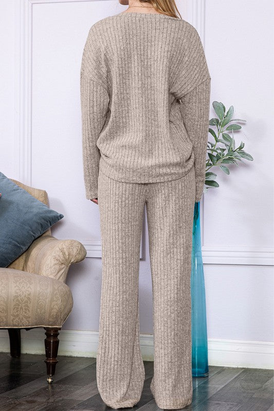 Khaki Beige Knit Loungewear Pants Set