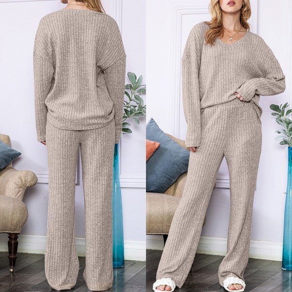 Khaki Beige Knit Loungewear Pants Set