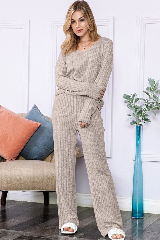 Khaki Beige Knit Loungewear Pants Set