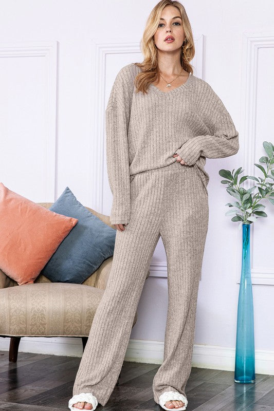 Khaki Beige Knit Loungewear Pants Set