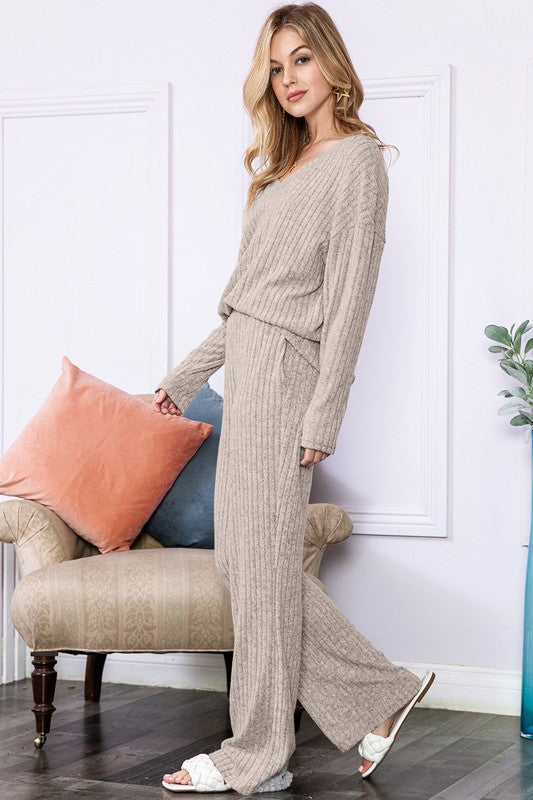 Khaki Beige Knit Loungewear Pants Set