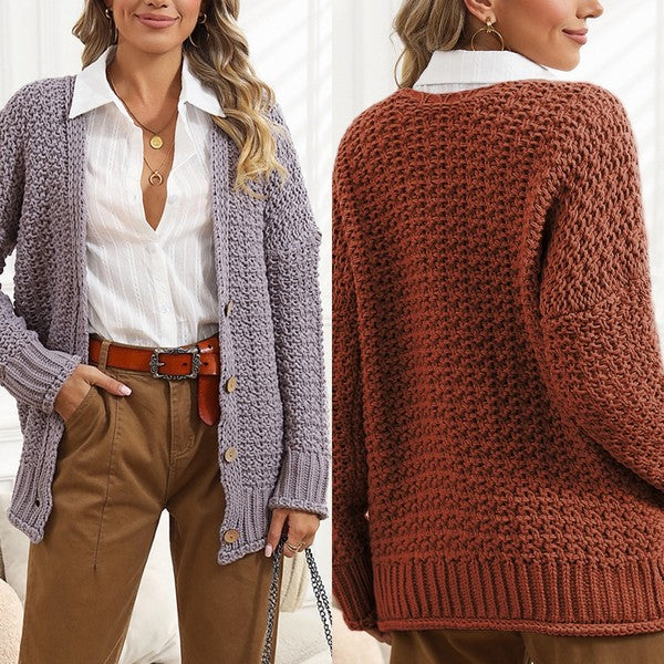 Sandalwood and Apricot Cable Knit Oversized Cardigan with Buttons 