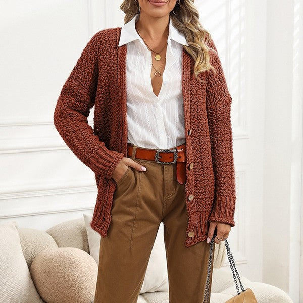 Sandalwood Cable Knit Oversized Cardigan with Buttons 