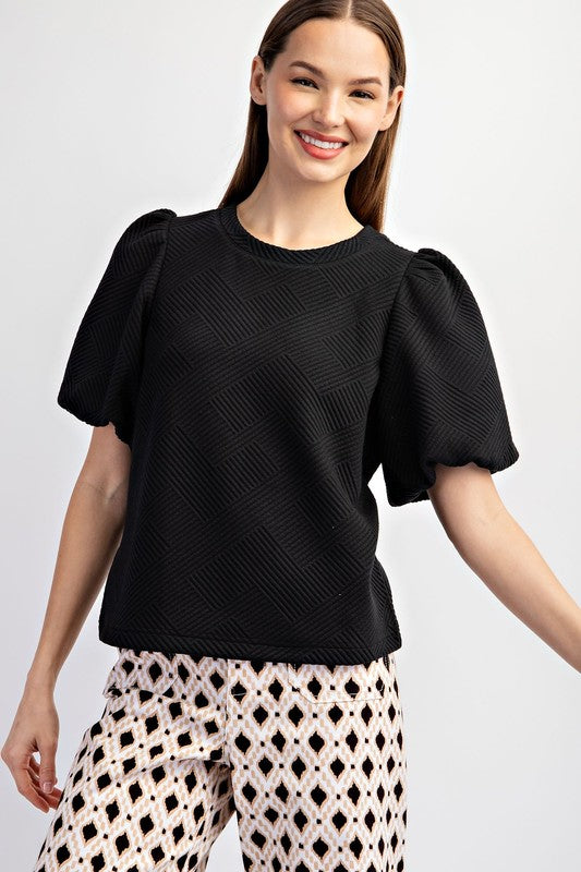 Black Short Sleeve Puff Sleeve Top 