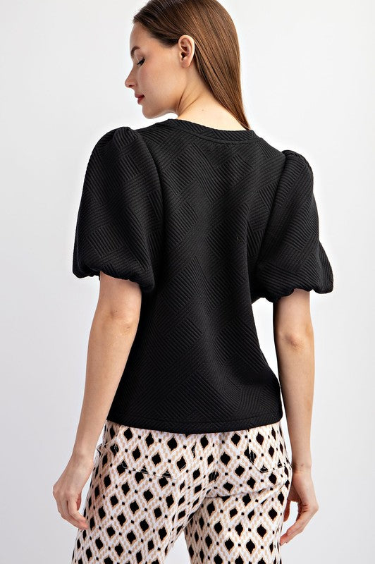 Black Short Sleeve Puff Sleeve Top 