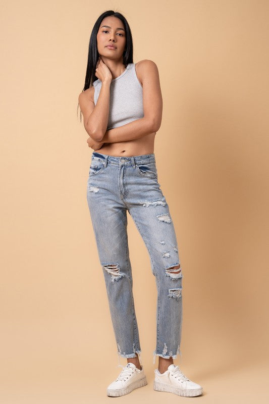 Medium Wash Distressed High Rise Girlfriend Jeans