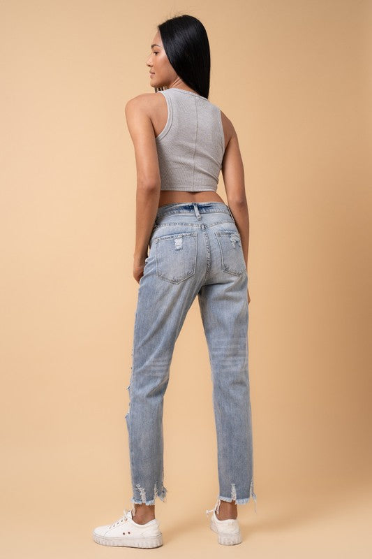 Medium Wash Distressed High Rise Girlfriend Jeans