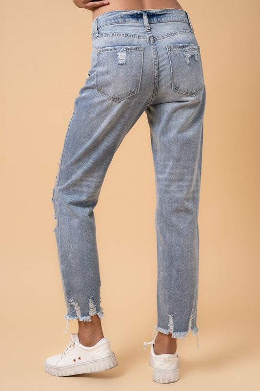 Medium Wash Distressed High Rise Girlfriend Jeans