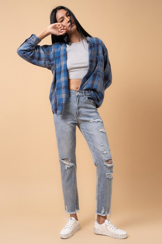 Medium Wash Distressed High Rise Girlfriend Jeans