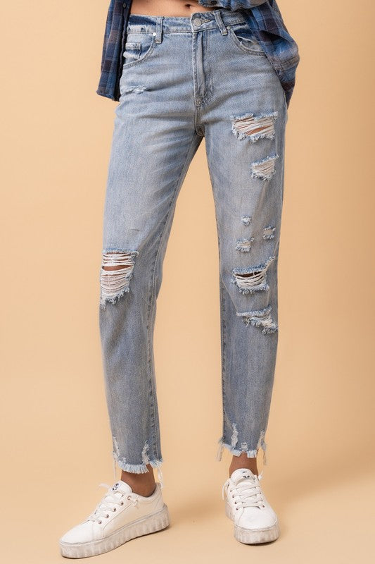 Medium Wash Distressed High Rise Girlfriend Jeans