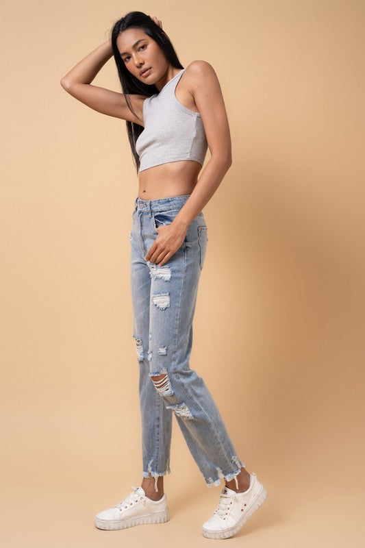 Medium Wash Distressed High Rise Girlfriend Jeans