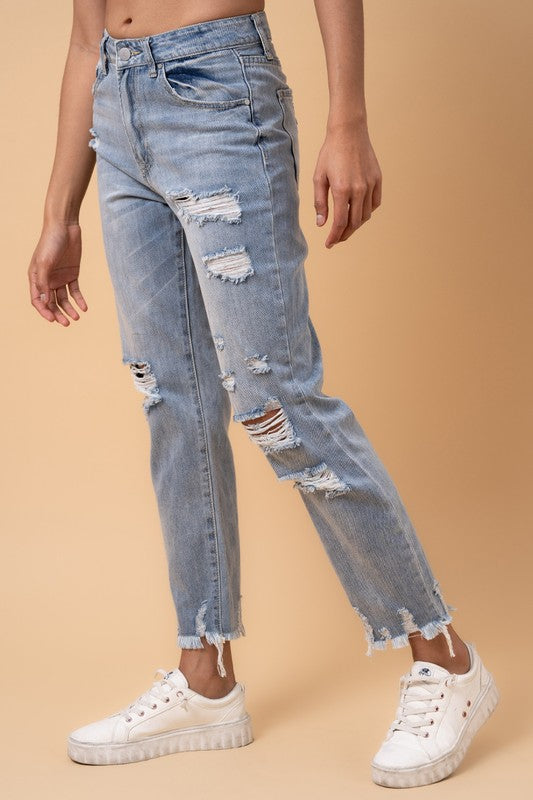 Medium Wash Distressed High Rise Girlfriend Jeans