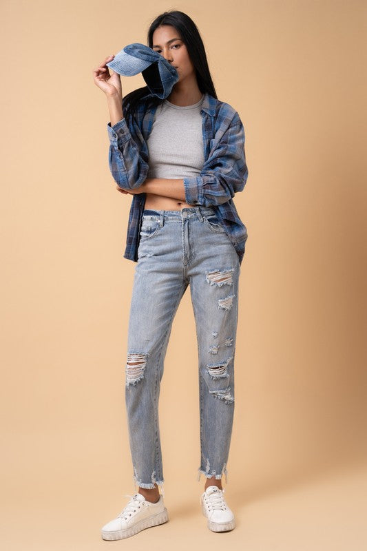 Medium Wash Distressed High Rise Girlfriend Jeans