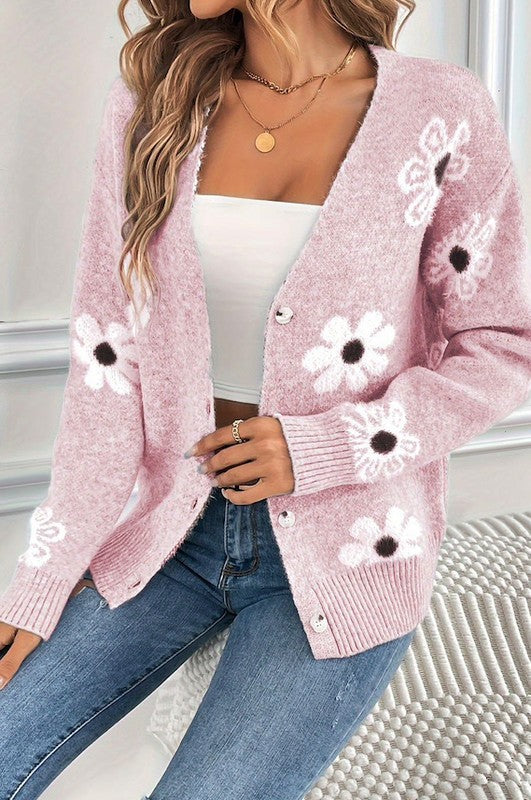 Pink Floral Button Up Cardigan