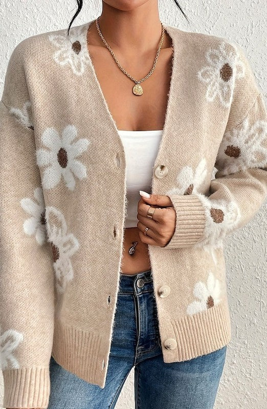 Brown Floral Button Up Cardigan