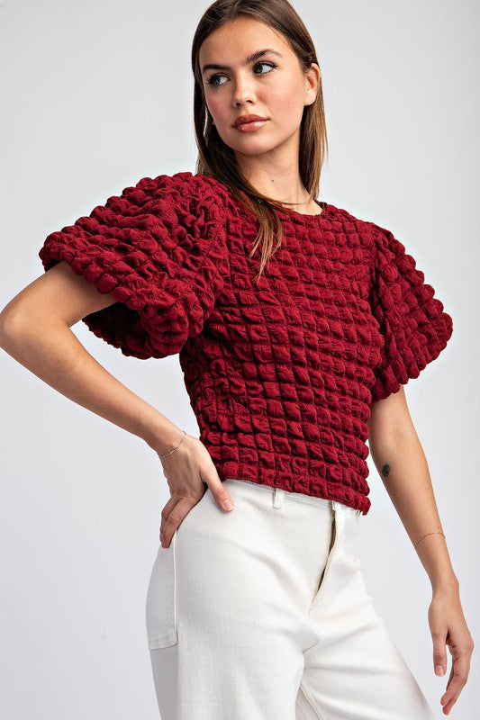 Merlot Popcorn Puff Sleeve Top