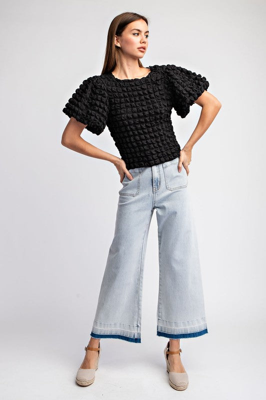 Black Popcorn Puff Sleeve Top