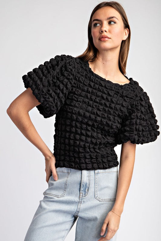 Merlot Popcorn Puff Sleeve Top