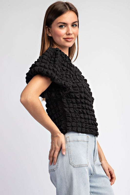 Black Popcorn Puff Sleeve Top