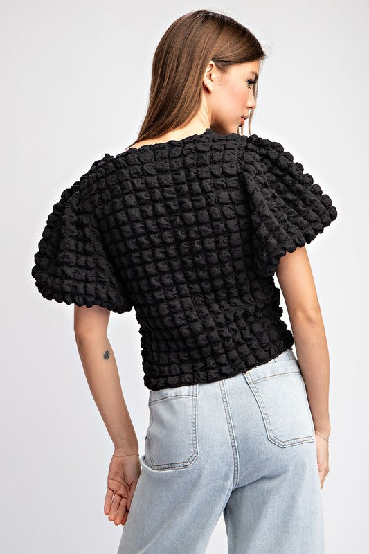 Black Popcorn Puff Sleeve Top