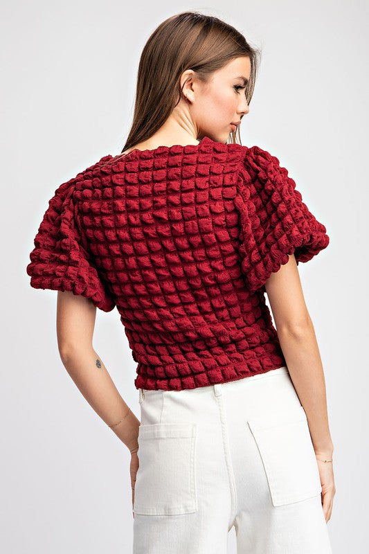 Merlot Popcorn Puff Sleeve Top