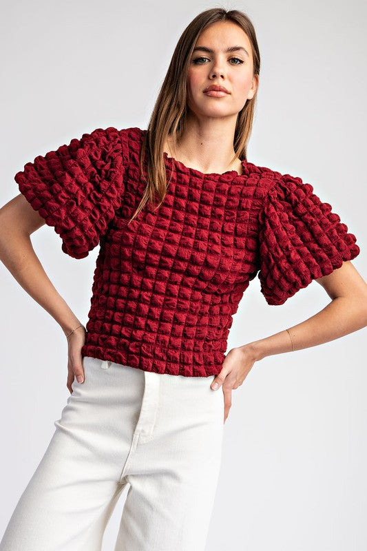 Merlot Popcorn Puff Sleeve Top