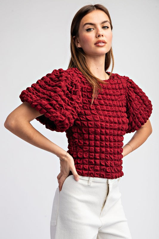 Merlot Popcorn Puff Sleeve Top