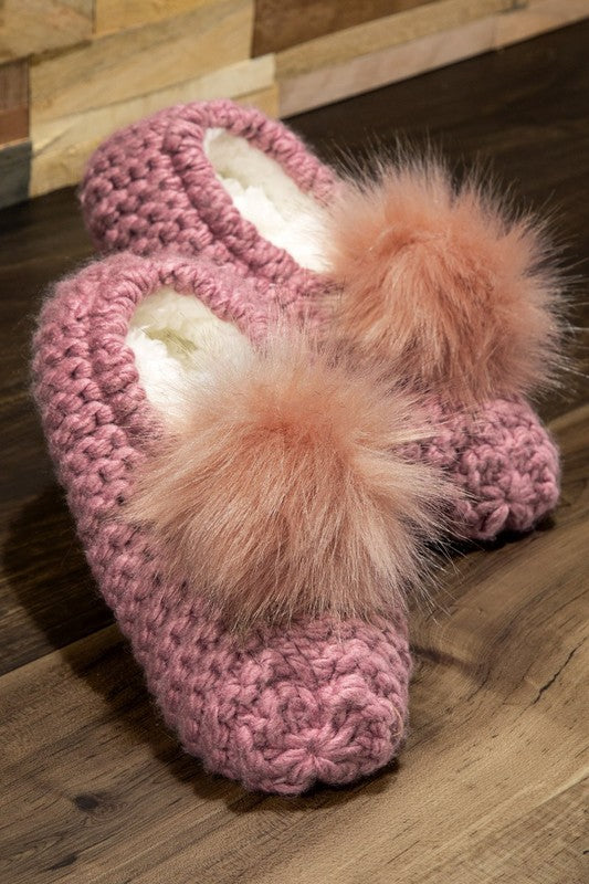 Jessica Knitted Slippers With Fur Pom Poms