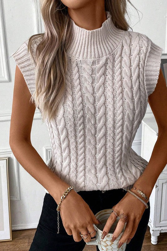 Khaki High Neck Cable Knit Sweater Vest