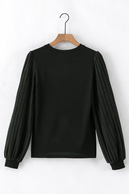 Black Ribbed Bishop Sleeve Top