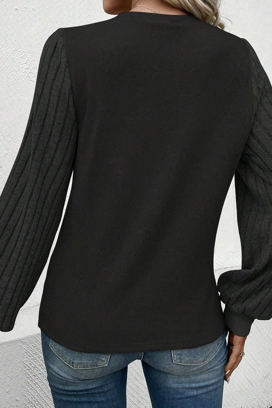 Black Ribbed Bishop Sleeve Top