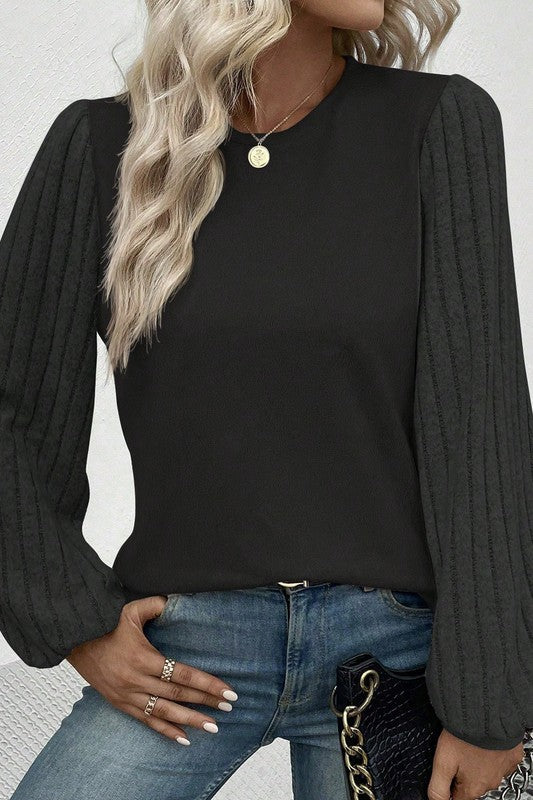 Black Ribbed Bishop Sleeve Top