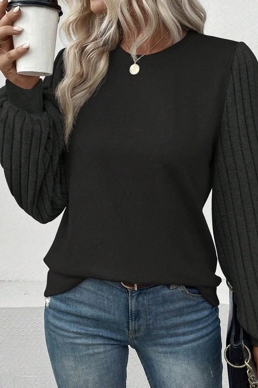 Black Ribbed Bishop Sleeve Top