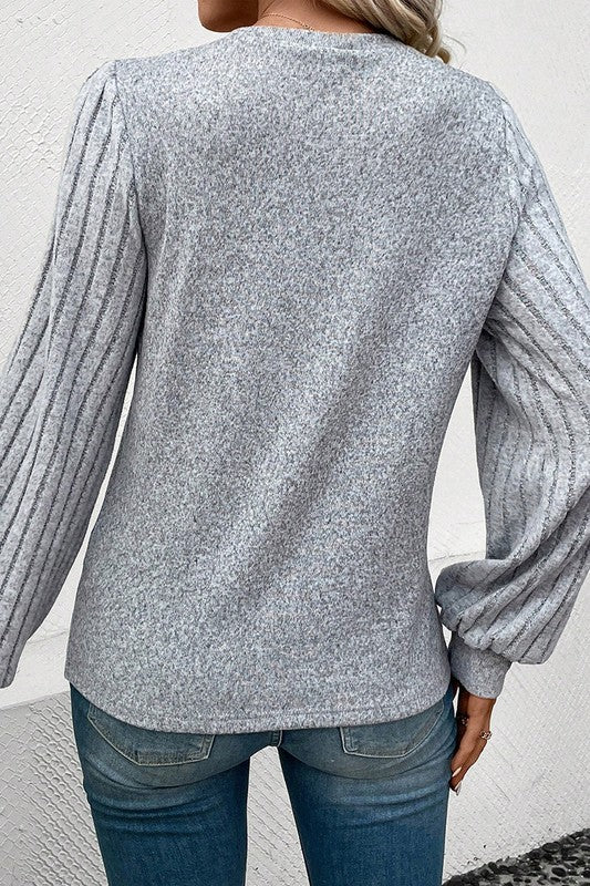 Grey Ribbed Bishop Sleeve Top