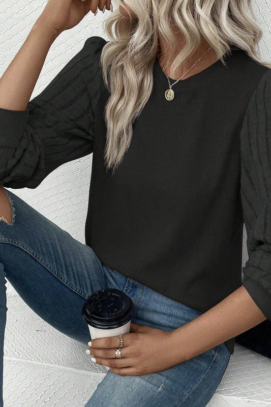 Black Ribbed Bishop Sleeve Top