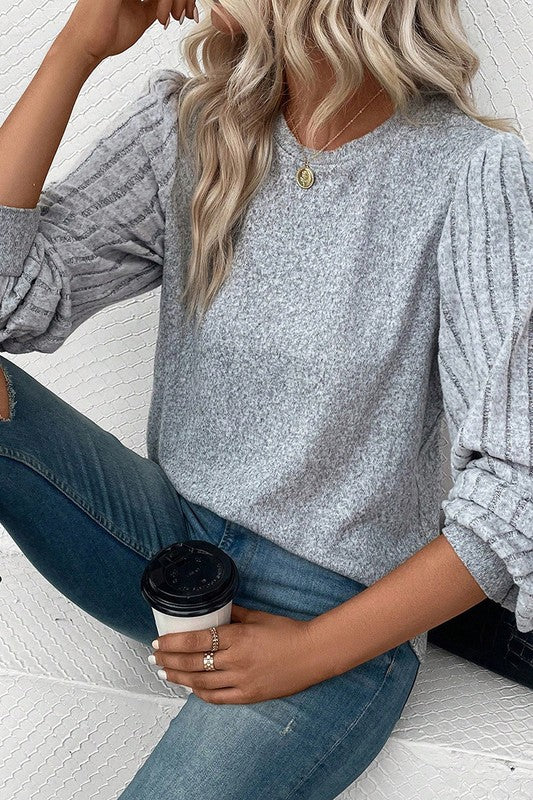 Grey Ribbed Bishop Sleeve Top